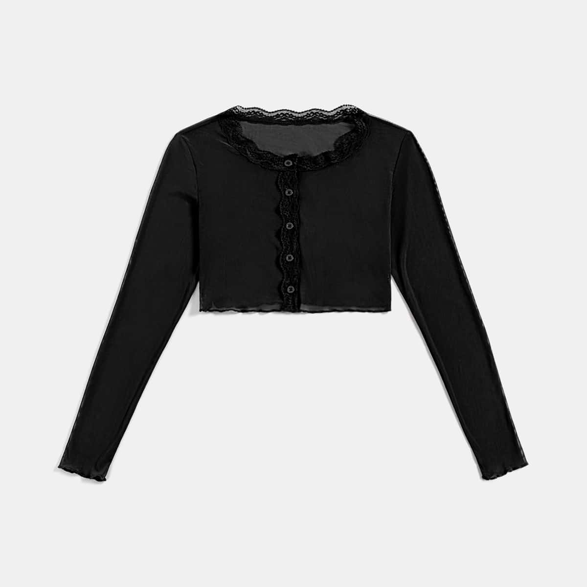 

Contrast Lace Button Front Mesh Crop Top, Black