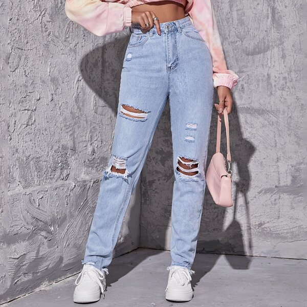 

High Waist Ripped Straight Leg Jeans, Light wash