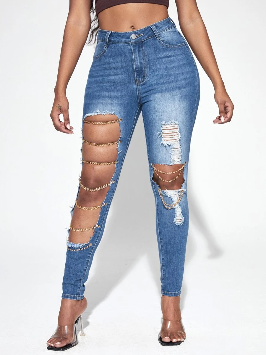 SHEIN SXY 破洞鏤空緊身牛仔褲 - 深色水洗藍 - 查看 1