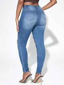 SHEIN SXY 破洞鏤空緊身牛仔褲 - 深色水洗藍 - 查看 2