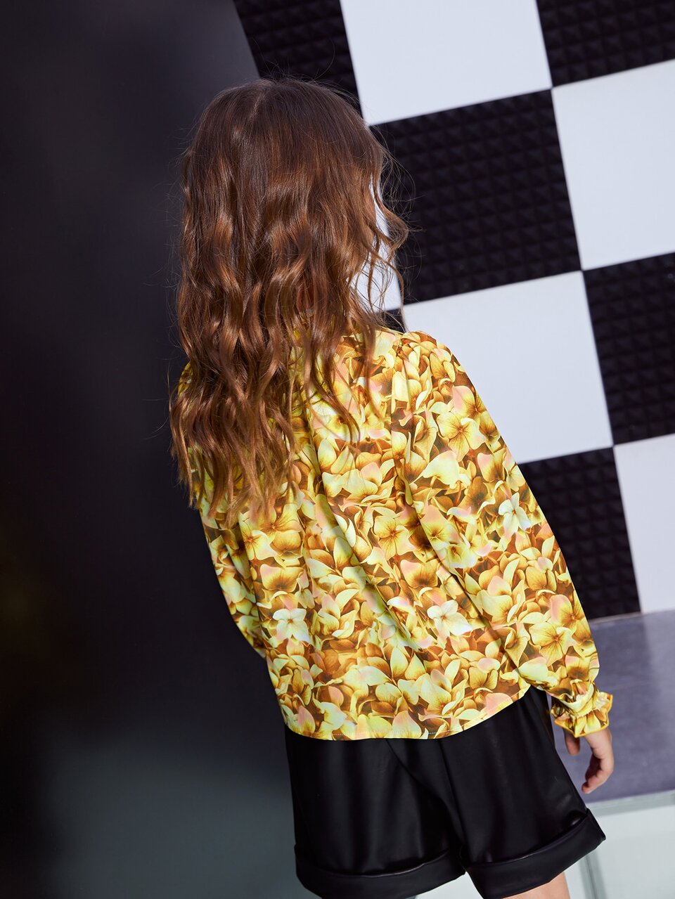 Girls Floral Print Ruffle Neck Blouse