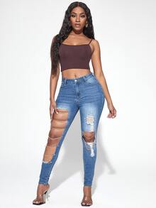 SHEIN SXY 破洞鏤空緊身牛仔褲 - 深色水洗藍 - 查看 3