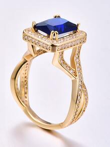 方晶鋯石裝飾戒指 - 寶藍色 - 查看 1