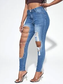 SHEIN SXY 破洞鏤空緊身牛仔褲 - 深色水洗藍 - 查看 4