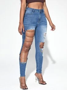 SHEIN SXY 破洞鏤空緊身牛仔褲 - 深色水洗藍 - 查看 5