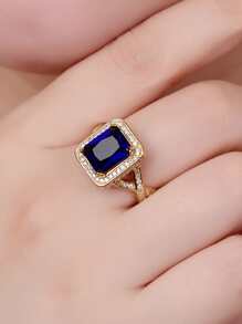 方晶鋯石裝飾戒指 - 寶藍色 - 查看 2