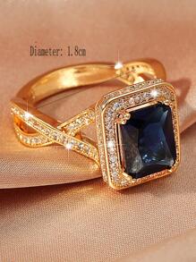 方晶鋯石裝飾戒指 - 寶藍色 - 查看 3