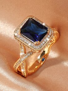 方晶鋯石裝飾戒指 - 寶藍色 - 查看 4