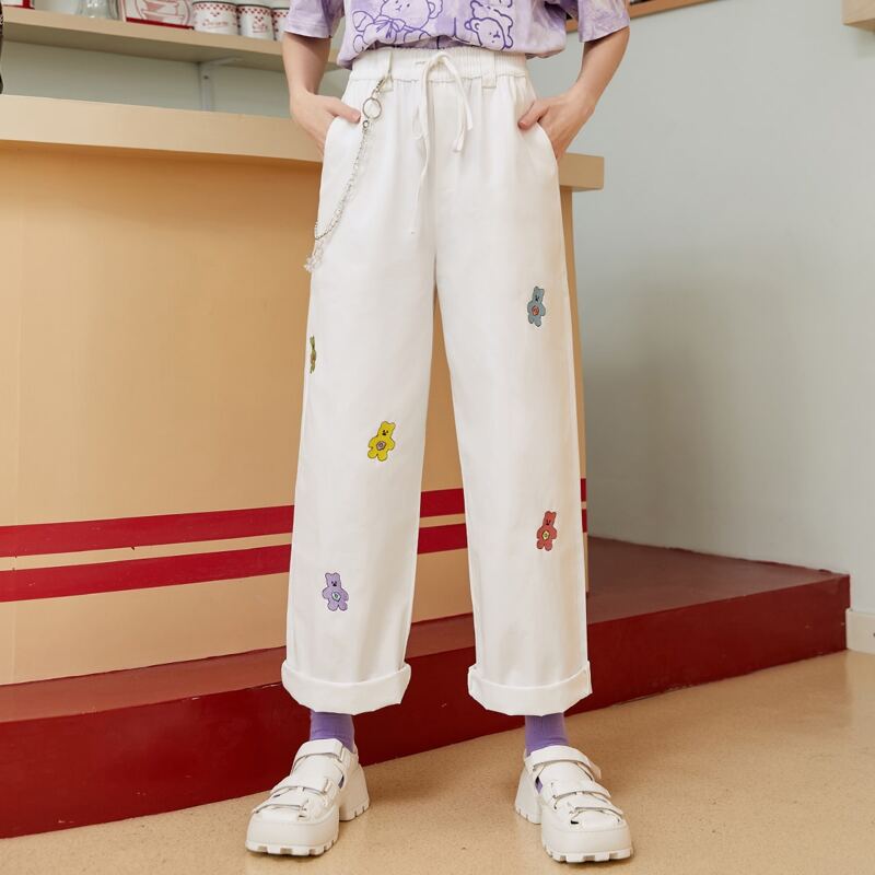 

Bear Print Slant Pocket Drawstring Waist Chain Detail Pants, White