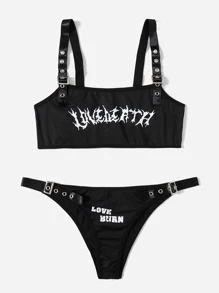 Aak Letter Graphic Eyelet Buckle Strap Lingerie Set - Black - View 5