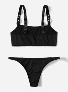Aak Letter Graphic Eyelet Buckle Strap Lingerie Set - Black - View 2