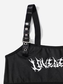 Aak Letter Graphic Eyelet Buckle Strap Lingerie Set - Black - View 3