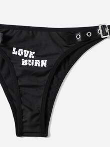Aak Letter Graphic Eyelet Buckle Strap Lingerie Set - Black - View 4