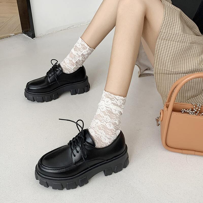 

Lace-up Front Flatform Oxford Shoes, Black