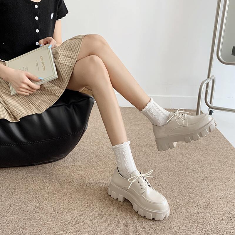 

Lace-up Front Flatform Oxford Shoes, Beige
