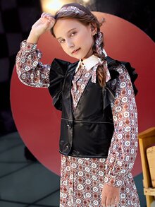 SHEIN Girls Top-stitching Ruffle Trim PU Leather Vest Jacket Without Dress - Black - View 3