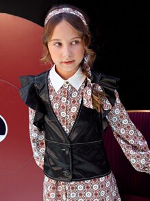 SHEIN Girls Top-stitching Ruffle Trim PU Leather Vest Jacket Without Dress - Black - View 1