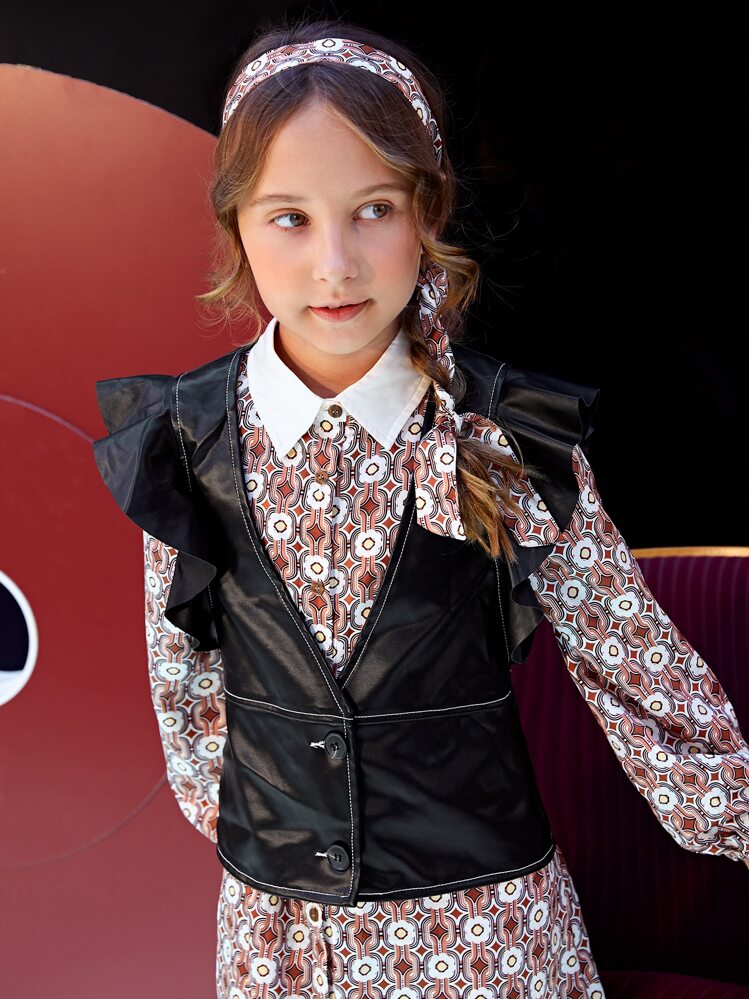 SHEIN Girls Top-stitching Ruffle Trim PU Leather Vest Jacket Without Dress - Black - View 1