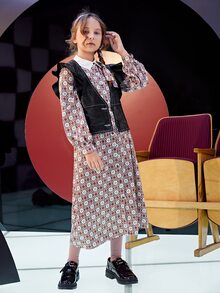 SHEIN Girls Top-stitching Ruffle Trim PU Leather Vest Jacket Without Dress - Black - View 5