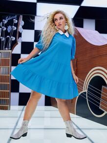 SHEIN Plus Puff Sleeve Contrast Collar Smock Dress - Blue - View 1