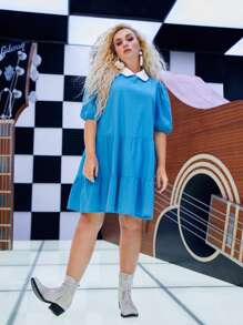 SHEIN Plus Puff Sleeve Contrast Collar Smock Dress - Blue - View 7