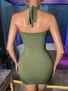 Aloruh Halterneck Tied Backless Cut-out Bodycon Dress - Green - View 2