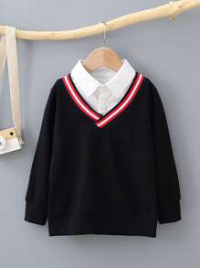 小男童條紋拼接織帶假兩件套頭衫