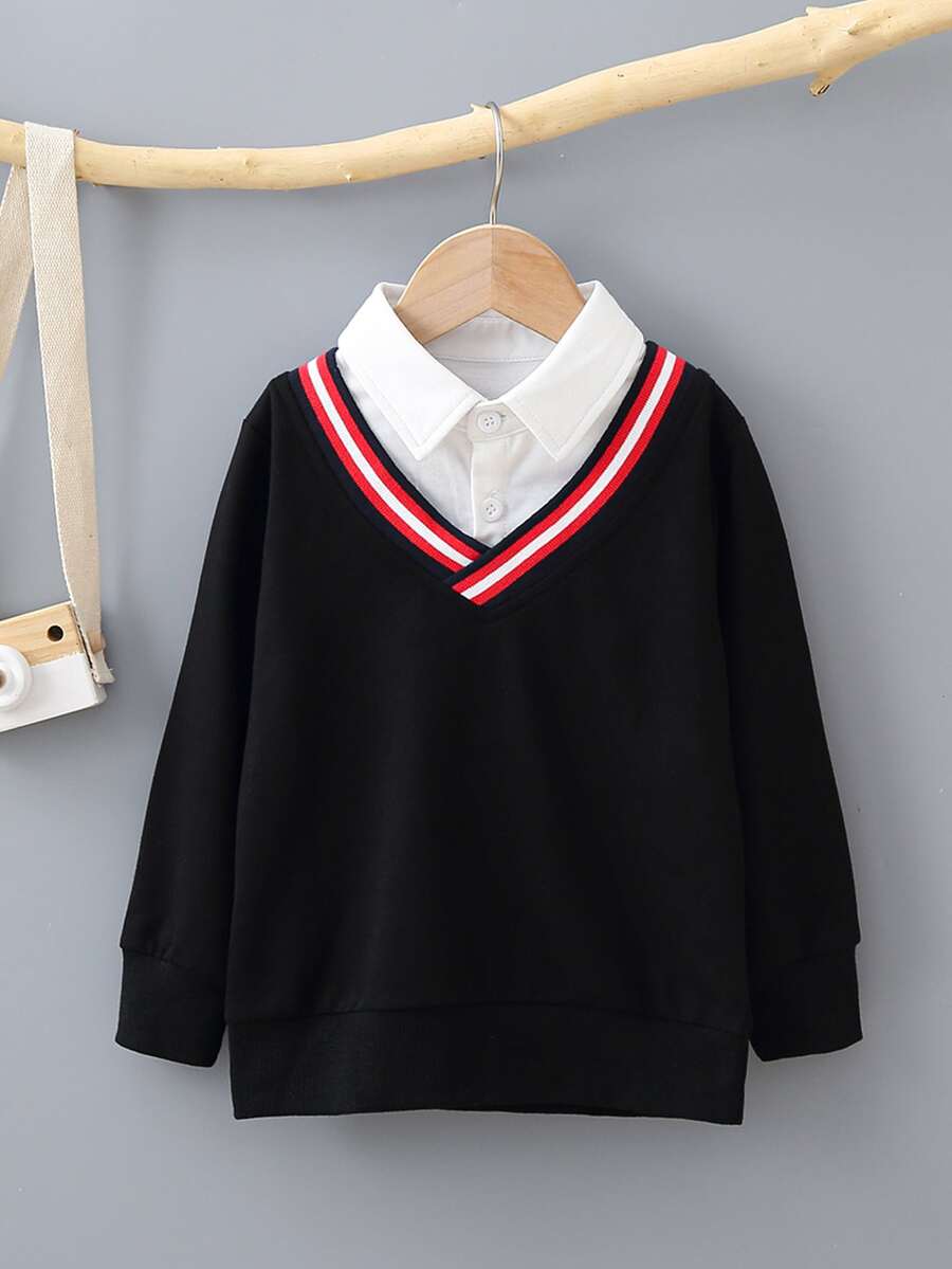 小男童條紋拼接織帶假兩件套頭衫