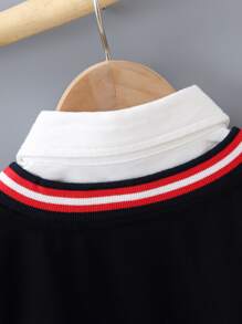 小男童條紋拼接織帶假兩件套頭衫