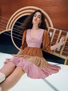 SHEIN MOD Colourblock Zip Back Lantern Sleeve Dress - Multicolor - View 1