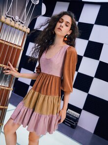 SHEIN MOD Colourblock Zip Back Lantern Sleeve Dress - Multicolor - View 2