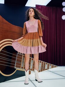 SHEIN MOD Colourblock Zip Back Lantern Sleeve Dress - Multicolor - View 3