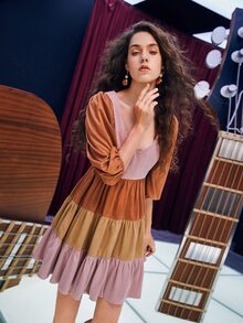 SHEIN MOD Colourblock Zip Back Lantern Sleeve Dress - Multicolor - View 4