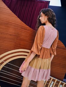 SHEIN MOD Colourblock Zip Back Lantern Sleeve Dress - Multicolor - View 5