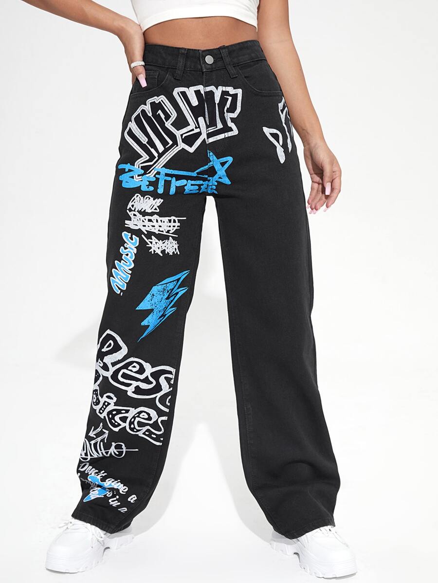 Graffiti Print High Waist Wide Leg Jeans - Black - View 1
