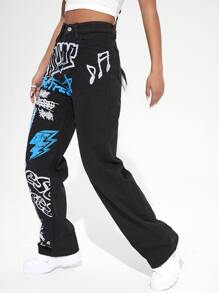 Graffiti Print High Waist Wide Leg Jeans - Black - View 3