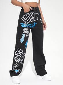 Graffiti Print High Waist Wide Leg Jeans - Black - View 4