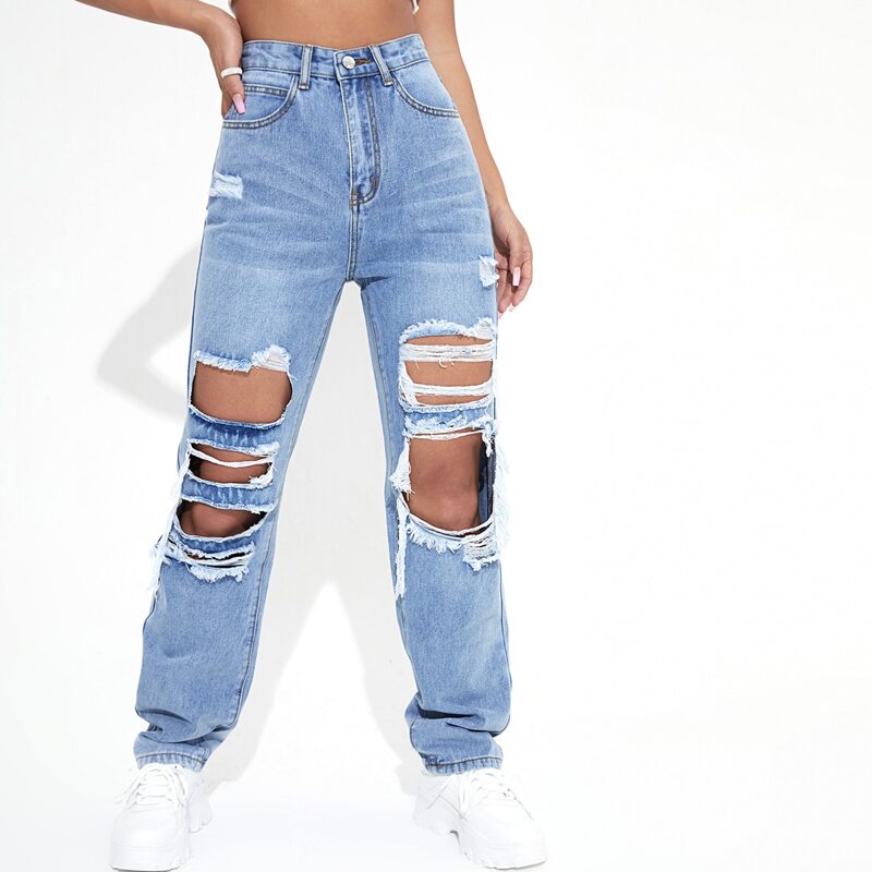 

High Waist Straight Leg Ripped Jeans, Light wash