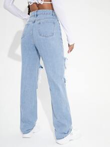 SHEIN ICON Floral High Waist Straight Leg Jeans - Light Wash - View 2