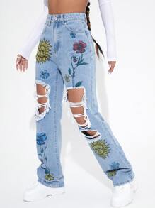 SHEIN ICON Floral High Waist Straight Leg Jeans - Light Wash - View 3