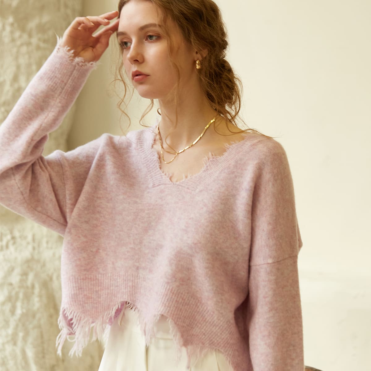

Drop Shoulder Distressed Sweater, Baby pink