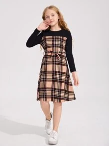 SHEIN Girls Plaid Panel Belted Dress - Multicolor - View 1