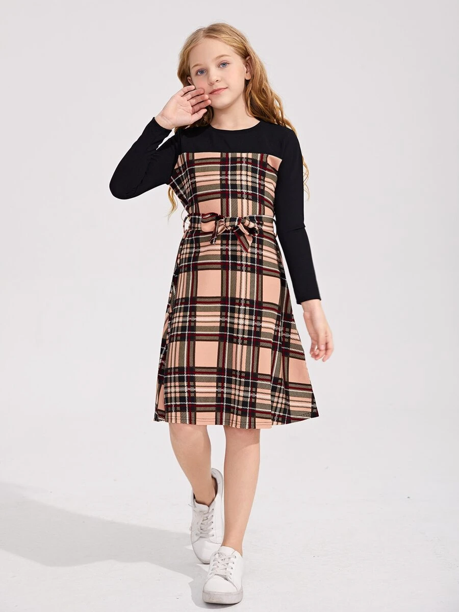 SHEIN Girls Plaid Panel Belted Dress - Multicolor - View 1