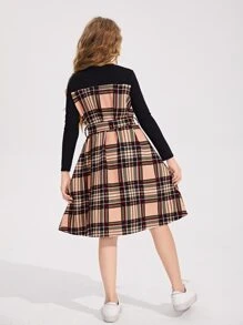 SHEIN Girls Plaid Panel Belted Dress - Multicolor - View 2