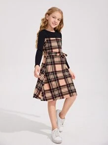 SHEIN Girls Plaid Panel Belted Dress - Multicolor - View 3