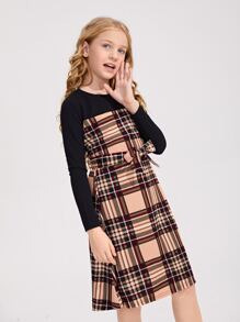 SHEIN Girls Plaid Panel Belted Dress - Multicolor - View 4
