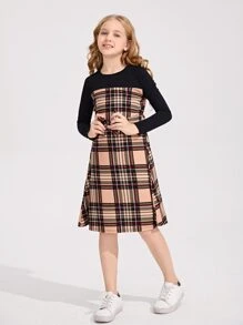 SHEIN Girls Plaid Panel Belted Dress - Multicolor - View 5