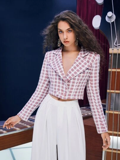 SHEIN Privé Double Button Plaid Tweed Overcoat