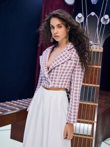 SHEIN Privé 雙排釦格紋粗花呢花呢外套 - 彩色 - 查看 6