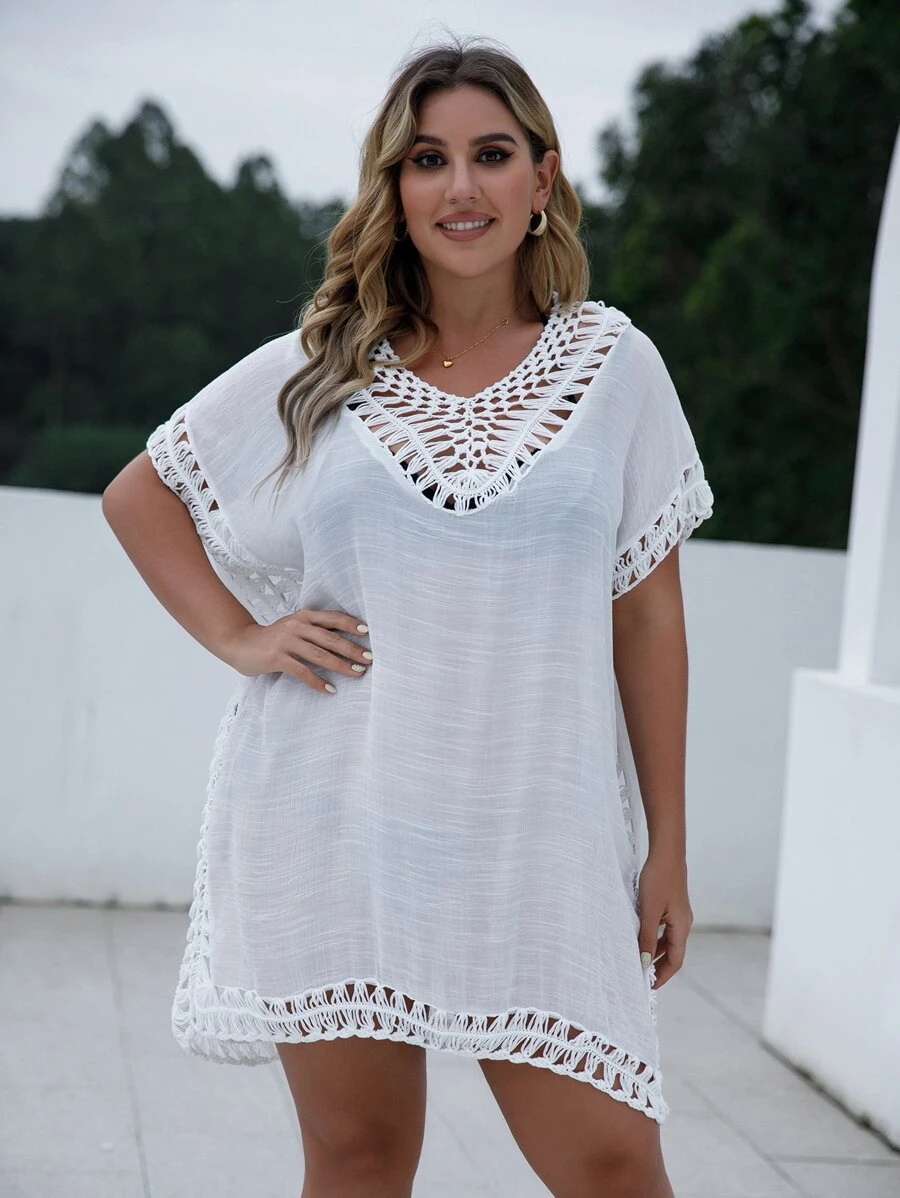 Swim Lushoire Summer Beach Plus Contrast Crochet Cover Up - White - View 1